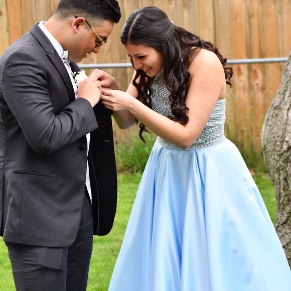 light blue prom dress couple Iridescent Prom Dress Couple Sky Blue Sequin Custom Asymmetrical Mermaid Prom Dress